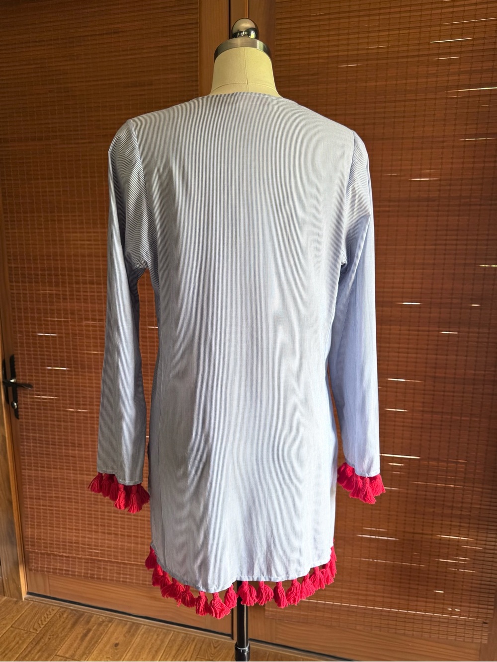 Tory Burch Light Blue White Striped Tunic Beach Coverup Dress with Red Tassel XS - Picture 4 of 8